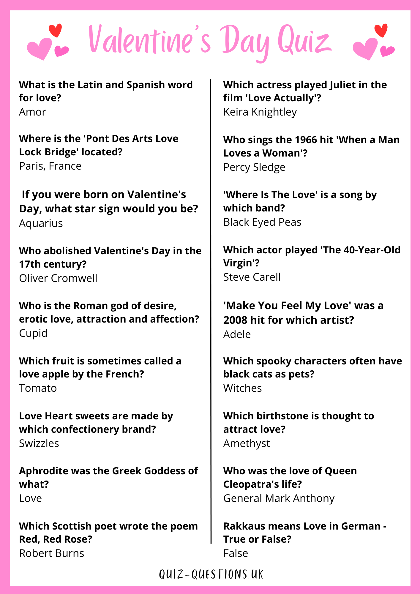 Valentines Day free printable Quiz