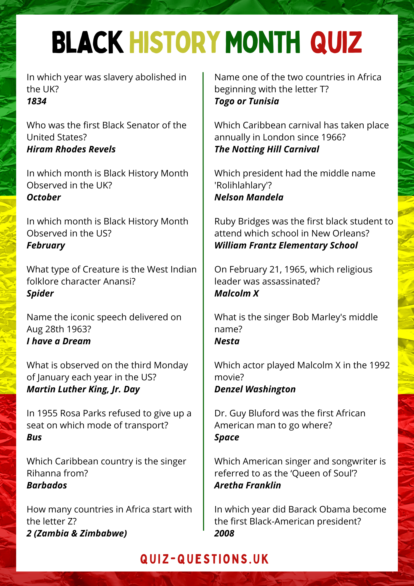 Black History Month Free Printable Quiz