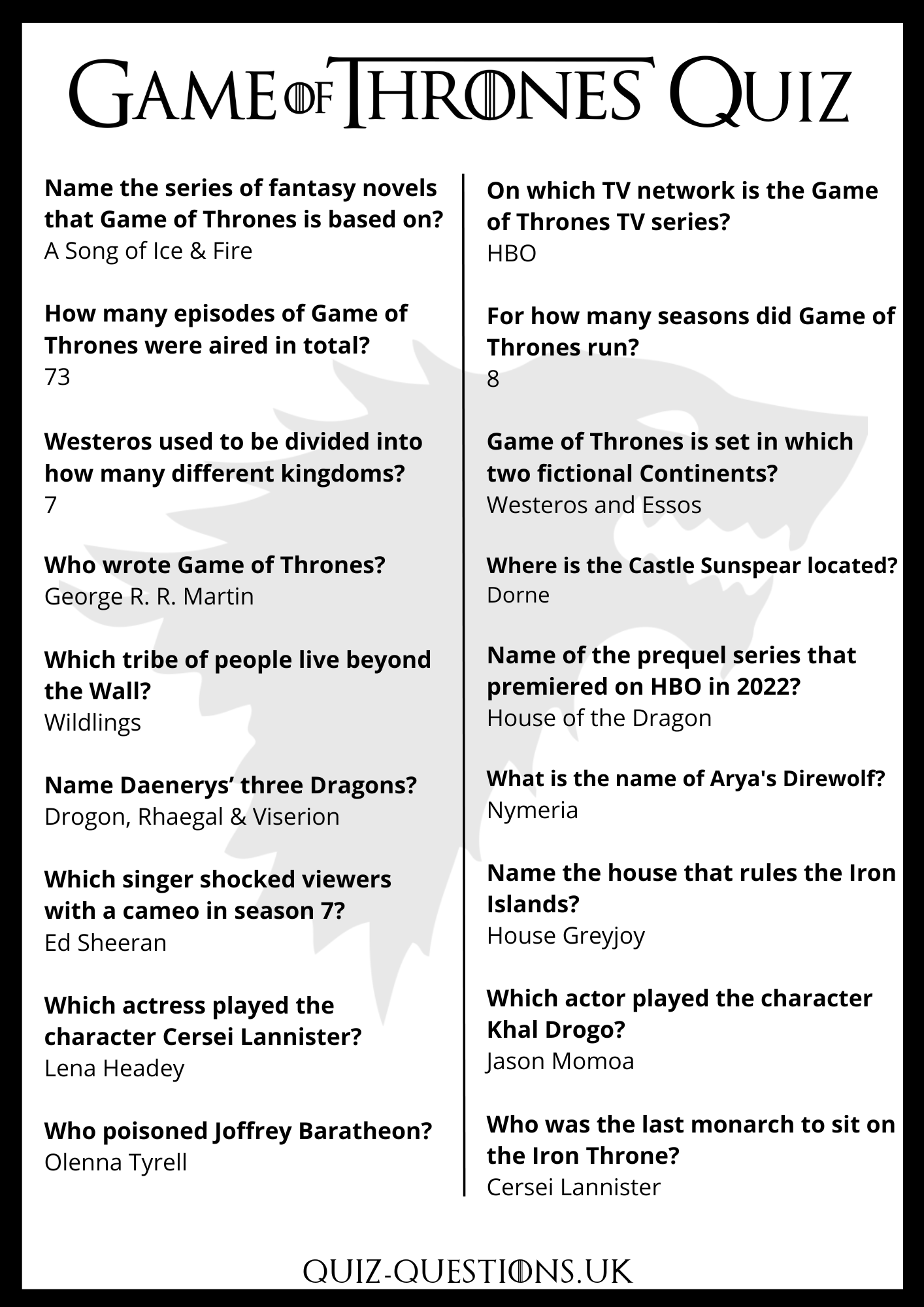 Game of thrones free printable quiz