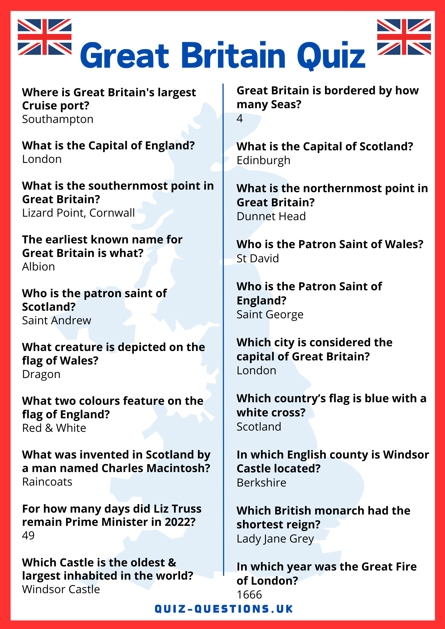 Great Britain Quiz Free Printable